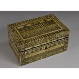 An Indian faux ivory rectangular box, decorated in the 'Vizagapatam' manner with a palace building,