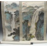 Chinese School (20th century), a pair of scroll pictures, Waterfalls and Monumental Landscapes,
