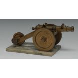 An early 20th century bronze desk model cannon, rectangular marble base, 20.