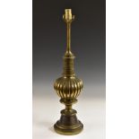 A brass table lamp, fluted compressed ovoid pillar,