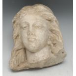 A Baroque marble sculptural fragment, carved as the head of a young woman with flowing hair,