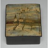 A Russian lacquer rectangular box, hinged cover painted with a snowy landscape, 10.