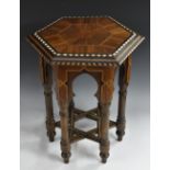 A Moorish hardwood and parquetry hexagonal low occasional table,