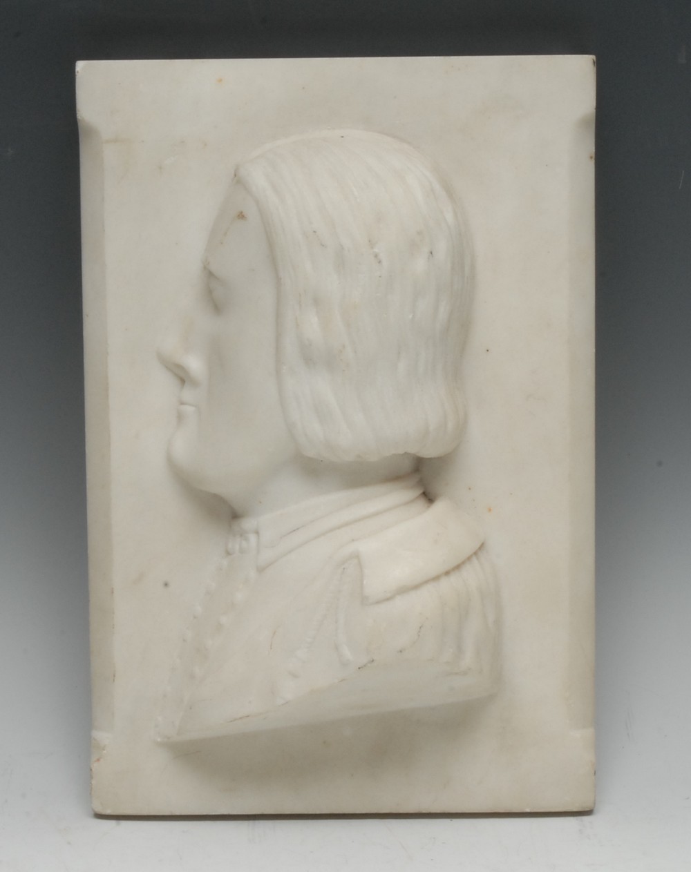 A 19th century carrara marble rectangular plaque, carved in relief with a military officer,