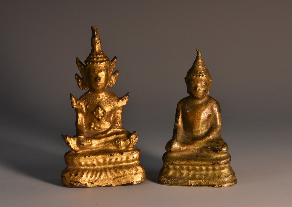 A Chinese/Siamese gilt metal domestic shrine figure, of Buddha, seated in a lotus,