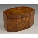 A Victorian rosewood-crossbanded walnut lozenge-shaped tea caddy, hinged domed cover,