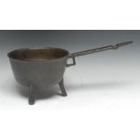 An Archaic brown-patinated bronze domestic pan, quite plain, cauldron-shaped bowl,