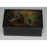 A Russian lacquer rectangular box, hinged cover painted with bears in a forest, 13.