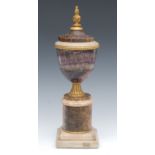 A large Regency Blue John, marble and ormolu mounted pedestal ovoid urn, Twelve vein,