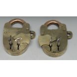 An unusual and and substantial early 20th century double-key warehouse padlock,