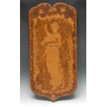 A Victorian pyrography panel, decorated with a Grecian maiden, to verso with a courting couple,