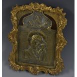 An Eastern Orthodox brass icon, in relief with Madonna and Child, 10.5cm x 7.
