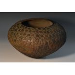 A Studio Pottery clay-baked compressed inverted conical vase,