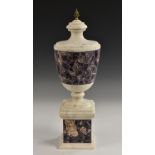 A Neo-Classical design white marble and amethyst quartz table urn, gilt metal pine cone finial,