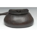 An 18th century leather pot-bellied fishing creel, hinged cover,