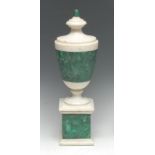 A Neo-Classical design white marble and malacite mantel urn, square plinth,