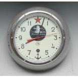 A Soviet Russian naval bulkhead clock, 15cm circular metal dial with Arabic numerals,