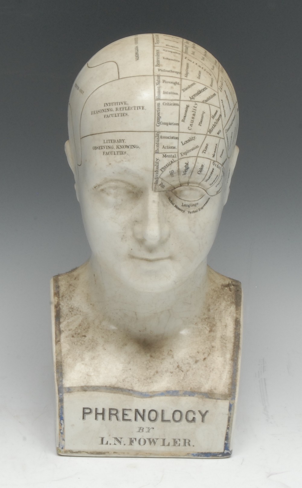 A 19th century earthenware medical bust, Phrenology by L.N.