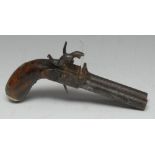 A 19th century double-barelled percussion pocket pistol, 8cm barrels, engraved lockplate,