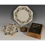 An Indian pietra dura and white marble octagonal plaque, inlaid with trailing foliage in malachite,