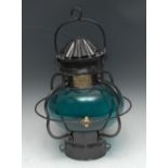 A Victorian iron and electric green glass gimbal lantern, by Wm Harvie & Co Ltd.