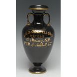 Masonic and Friendly Society History - a 19th century 'Jackfield' pottery amphora vase,