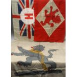 Flags - Union ensign, centred by the letter H, on a white ground, 58cm x 96cm; an heraldic standard,