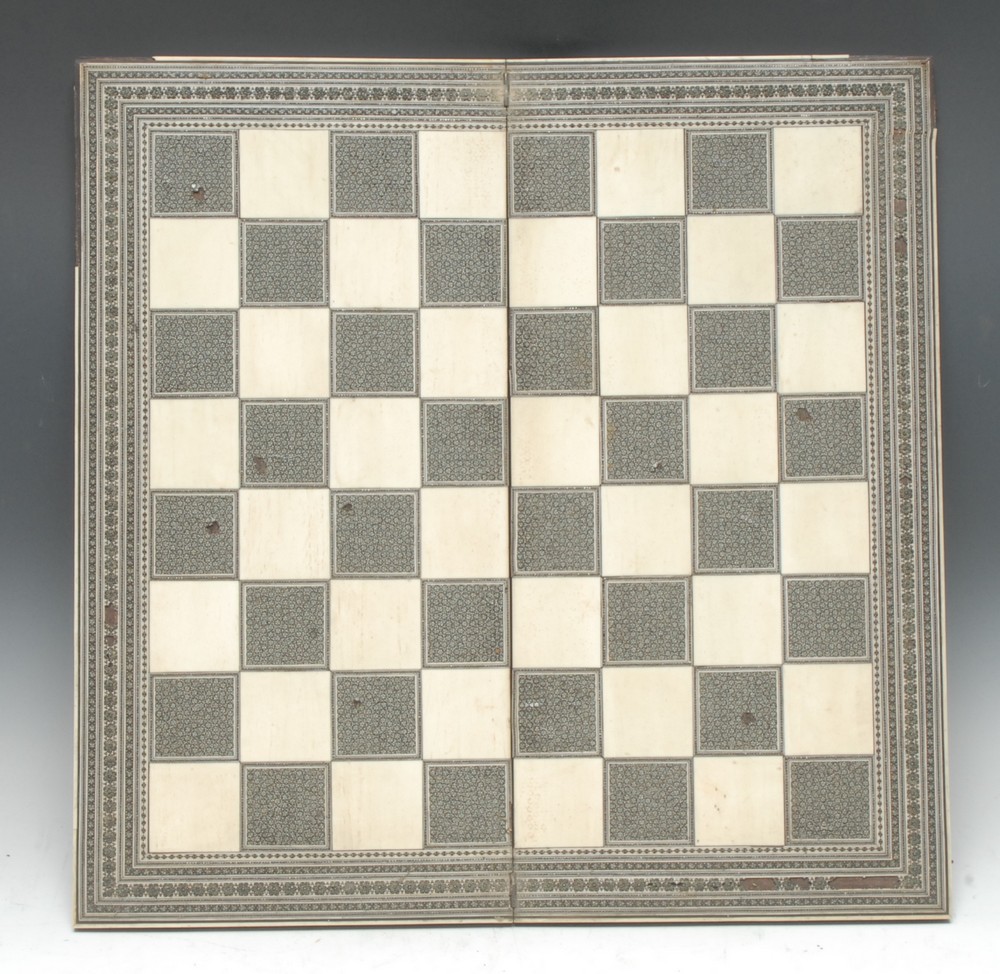 A 19th century Anglo-Indian Sadeli marquetry folding chessboard,
