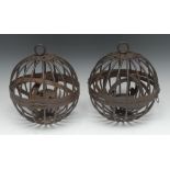 A pair of 19th century antiquary's marine iron gimbal whale oil lanterns,