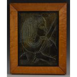 A museum-type verdigris patinated bronze bas relief, cast after an Ancient Egyptian frieze,