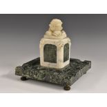 A French verde antico and white marble square inkstand, hinged cover carved with a rose,