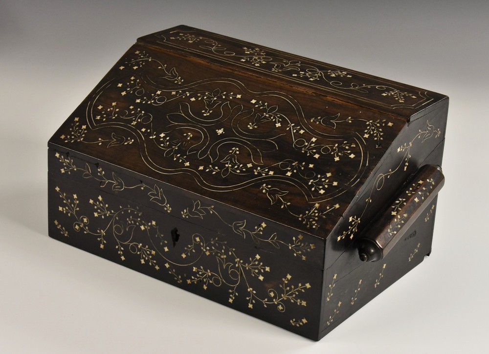 A 19th century Anglo-Indian coromandel and ivory marquetry rectangular desk top writing box,