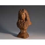 A 19th century terracotta library desk bust, of a Baroque man of letters,