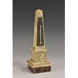 An alabaster desk thermometer, silvered scale, square marble base, 17.