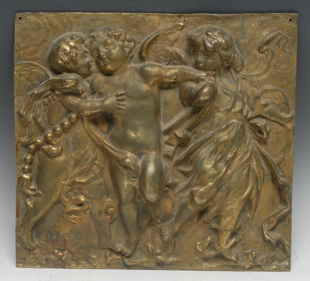 A 19th century gilt bronze plaque, cast after the Renaissance in bas relief with putti,