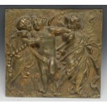 A 19th century gilt bronze plaque, cast after the Renaissance in bas relief with putti,