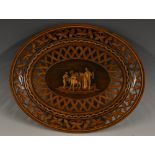 A 19th century Italian marquetry oval basket, the field inlaid with rustics, 26.