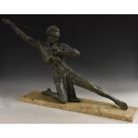 French School, an Art Deco verdigis patinated sculpture, The Spear Thrower, rectangular marble base,