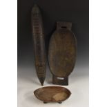 Tribal Art - a Zulu izingqoko food bowl or meat platter, broad lug handles, four feet, 62cm wide,