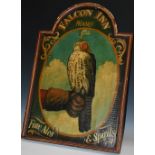 Folk Art - a painted softwood arched rectangular hanging tavern sign, Falcon Inn, Woore,