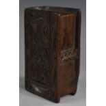 An 18th century treen snuff box, in the form of a book, carved with fans and swags, 10cm wide, c.