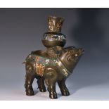 A Chinese cloisonne censer, cast as a stylised beast,