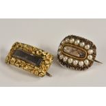 Macabre - a George III gold and seed pearl-mounted rounded rectangular bowed mourning brooch or