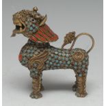 A Tibetan coral and turquoise mounted gilt metal flask, as a temple lion,