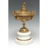 A 19th century gilt bronze mantel urn and cover, cast in relief with fruiting vine,