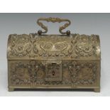 A late 19th century gilt brass table casket, cast in relief with flowers,