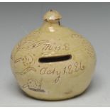 A 19th century Art Pottery onion-shaped stoneware money box, in the Folk Art tradition,