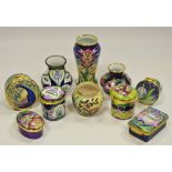 Moorcroft- various Moorcroft enamel trinket pot and covers with miniature vases (10)