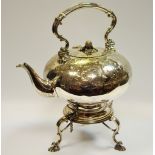 A substantial silver plated melon shaped spirit kettle c.