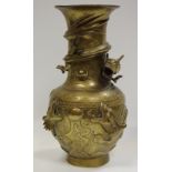 A Chinese bronze vase, cast and applied with ferocious dragons, seal mark,